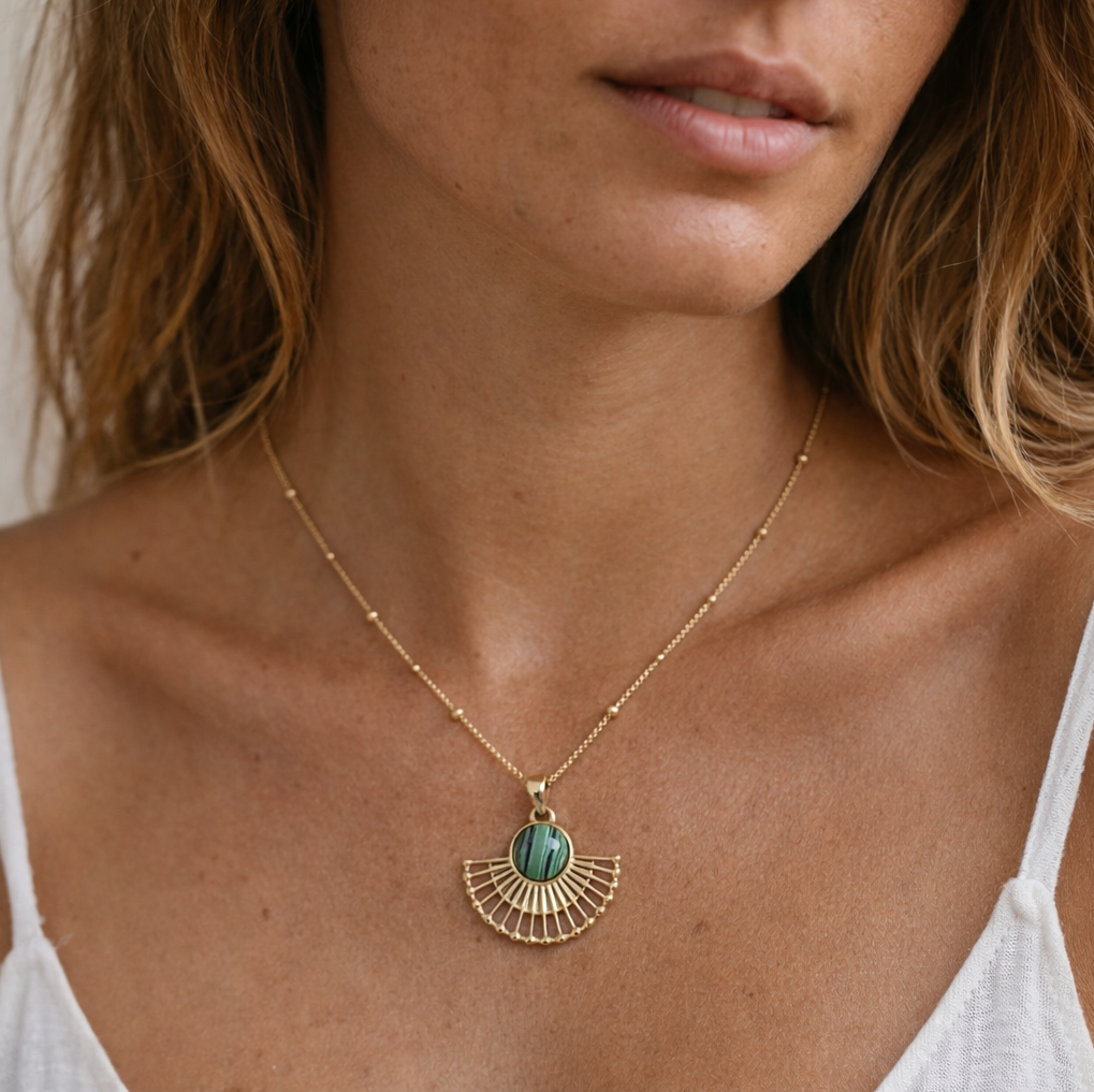 THE FERN - Gold Fan Necklace With Malachite