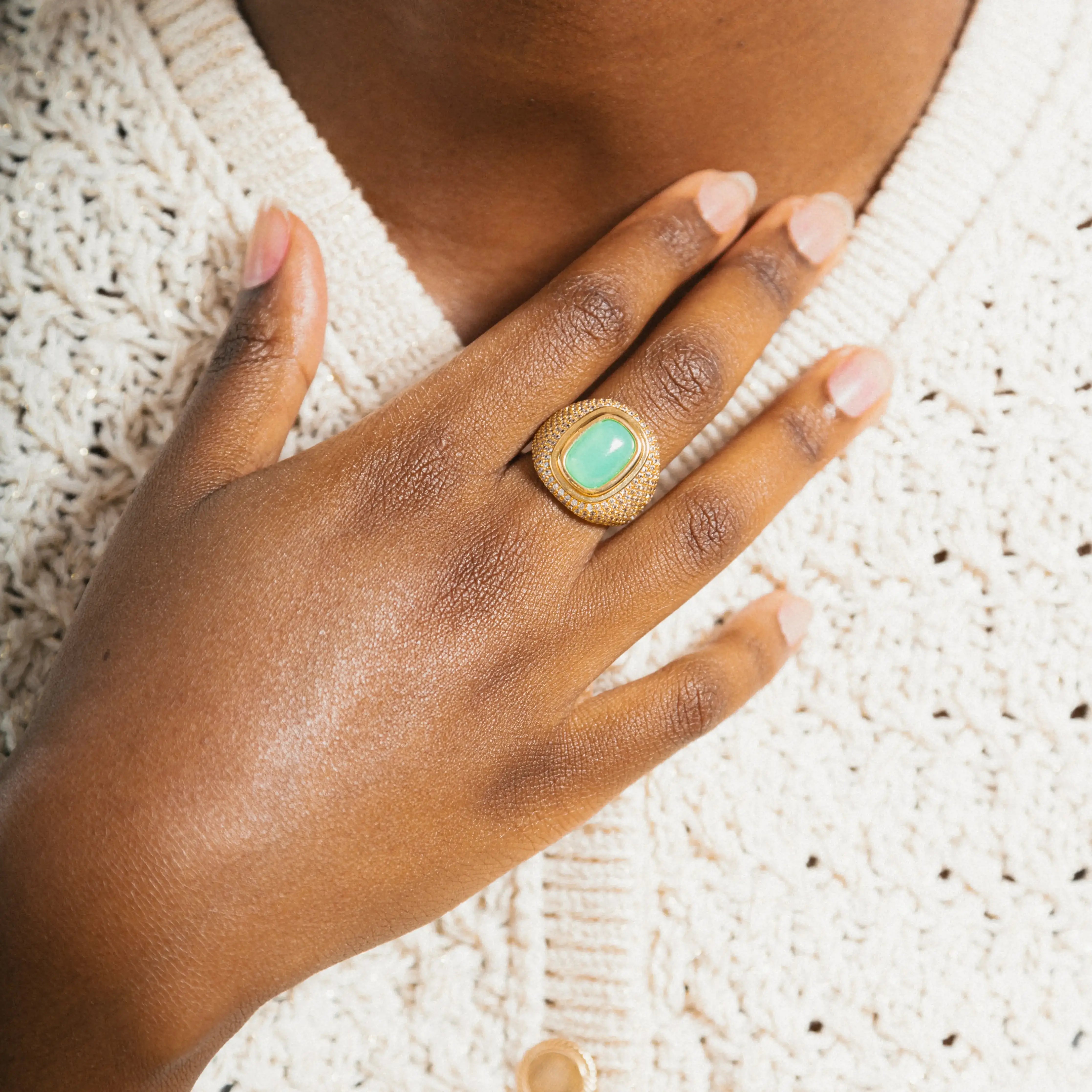 THE AKIRA - Gold Plated Open Ring with Dongling Jade Stone and CZ Paved