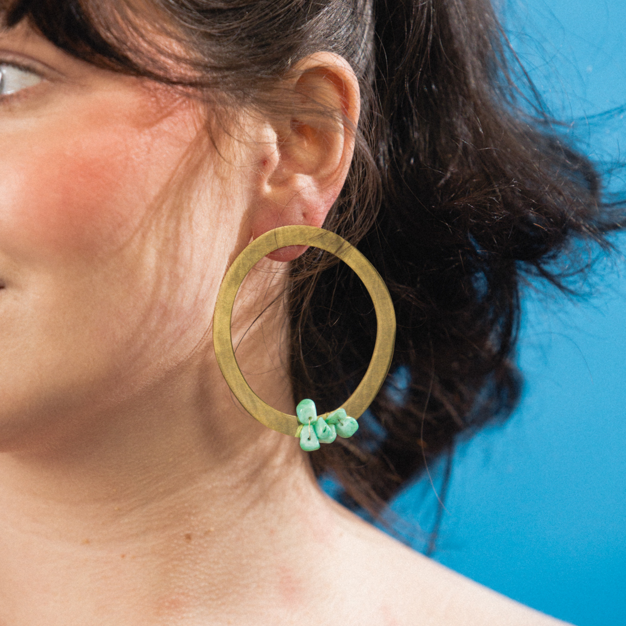 THE CHARLOTTE - Large Worn Gold Hoops with Coloured Stone Decoration