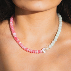 BLUSH TIDE - Pink and Blue Jade Gemstone Necklace with Pearl