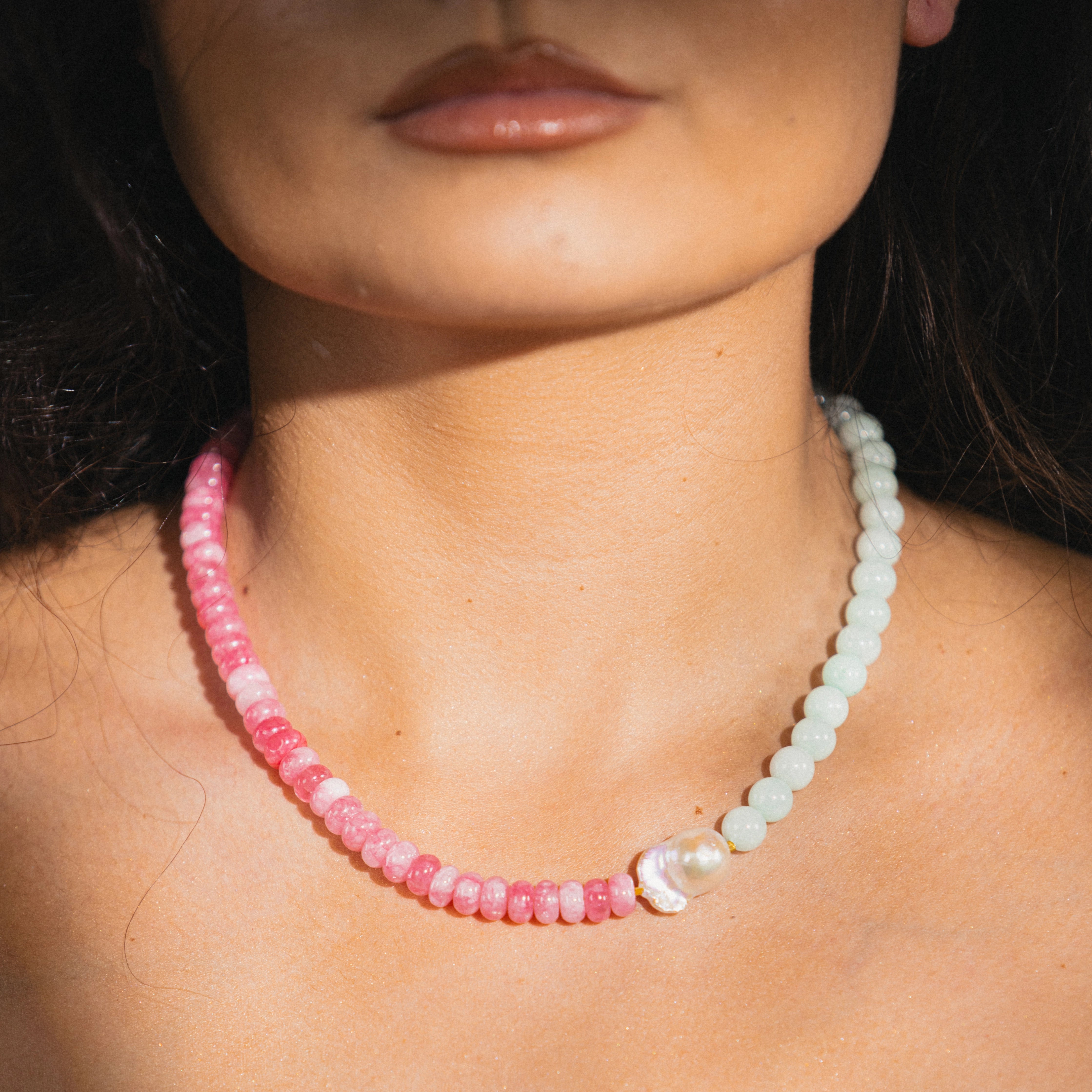 blue and pink gemstone necklace with pearl 