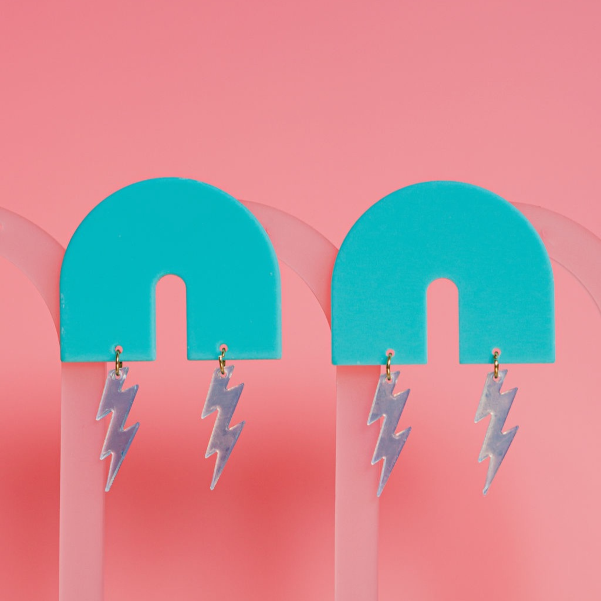 THE ELLA - Large Blue Arch Statement Earrings with Lightning Bolt Drops