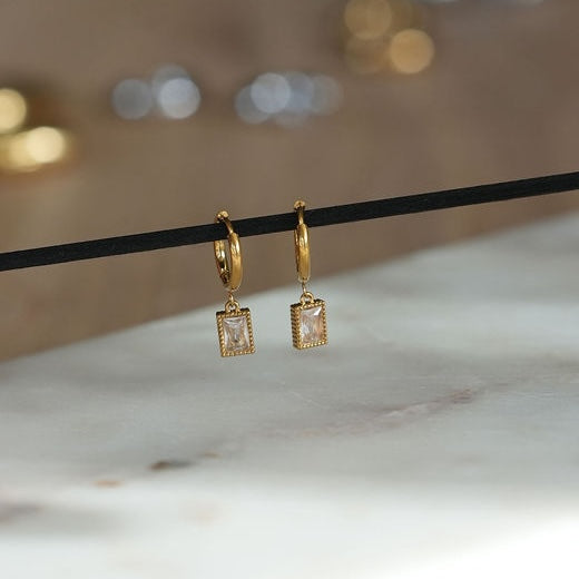 Square Crystal Drop Huggie Hoop Earrings - THE AMELIA