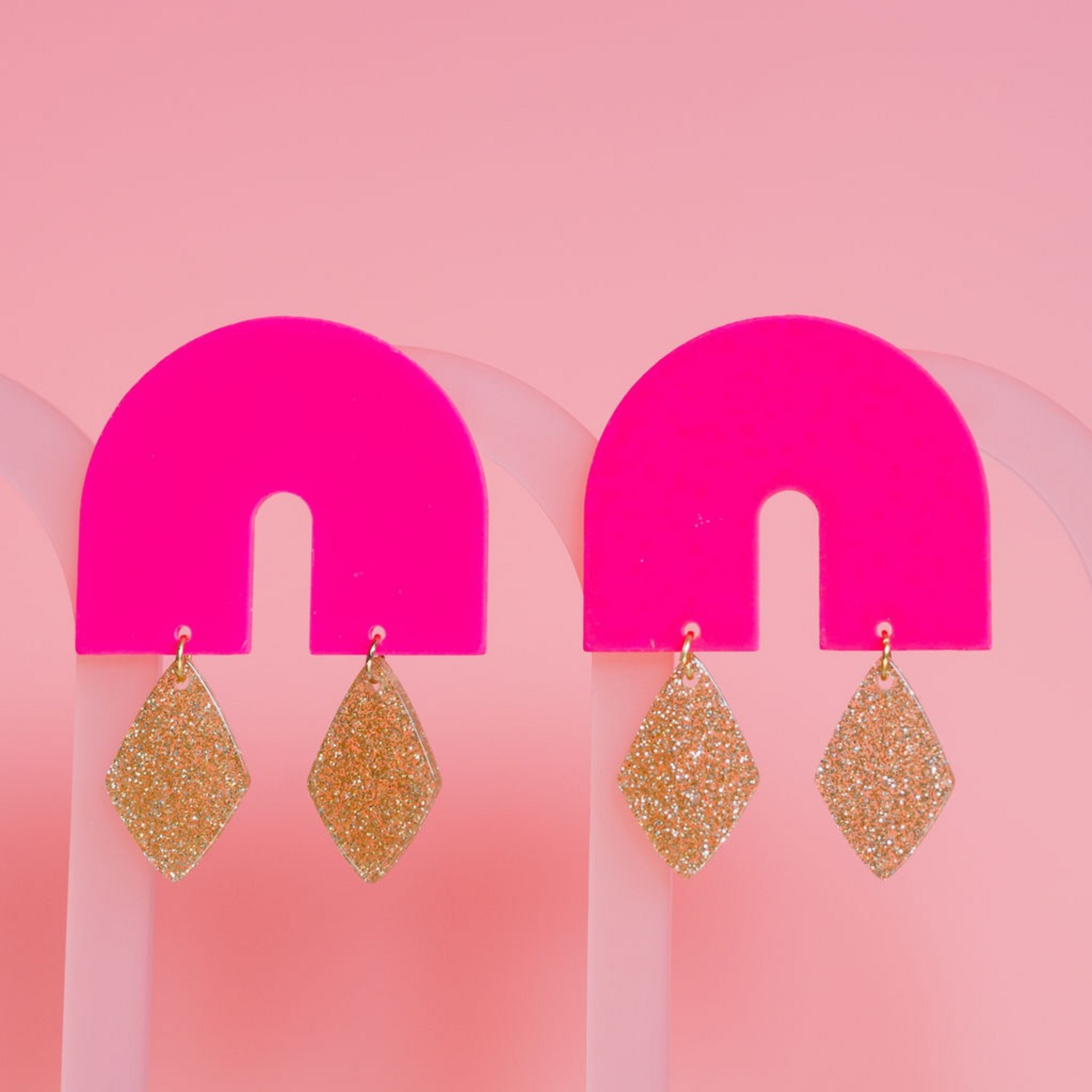 large Pink arch earrings with gold drop