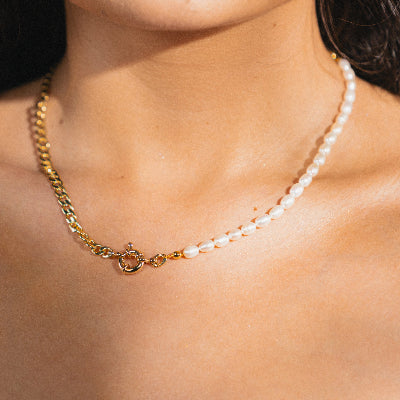 gold cuban chain and pearl necklace 