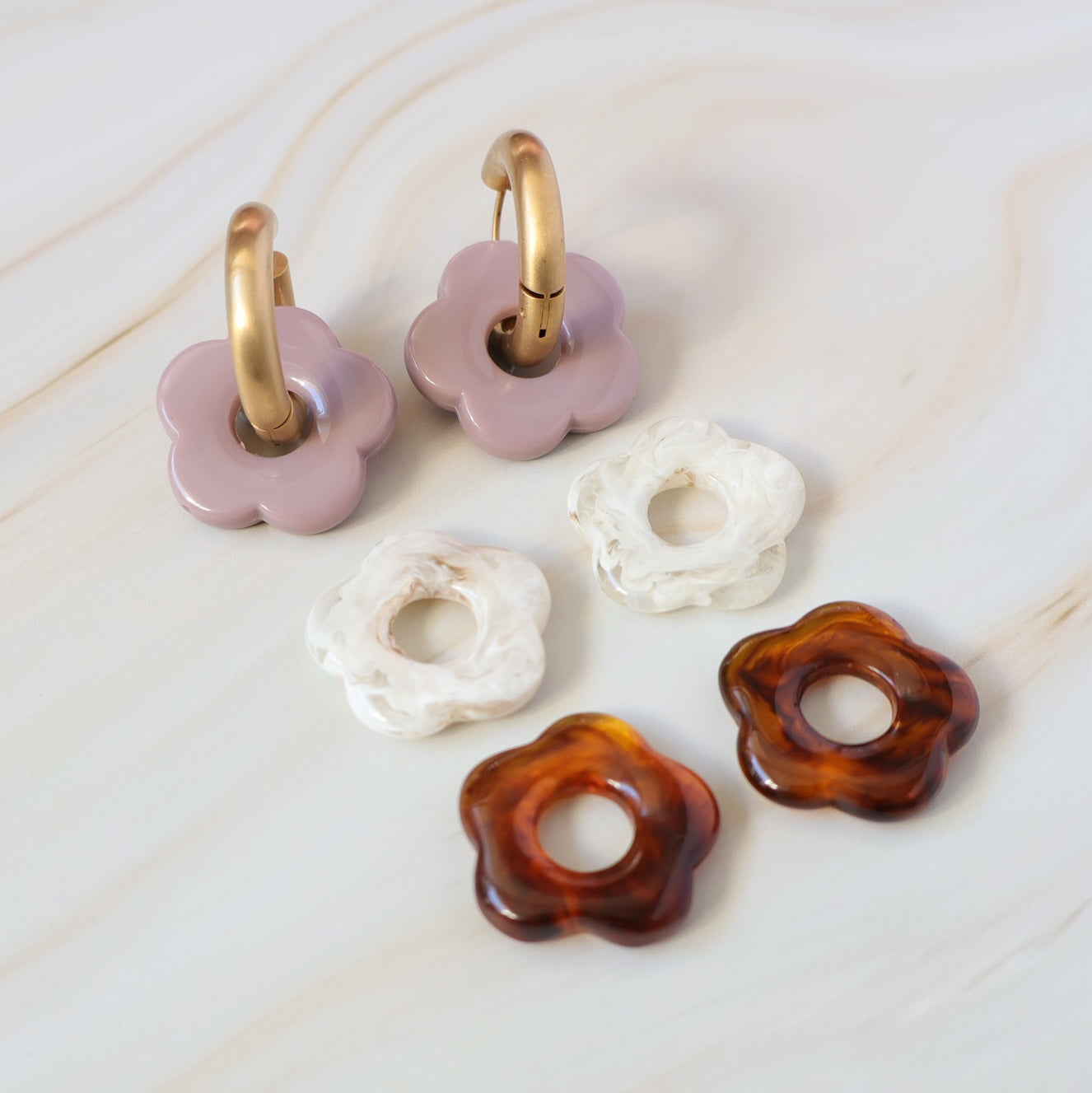 THE JENNY (NEW COLOURS) - Chunky Gold Hoops With Interchangeable Flower Charms