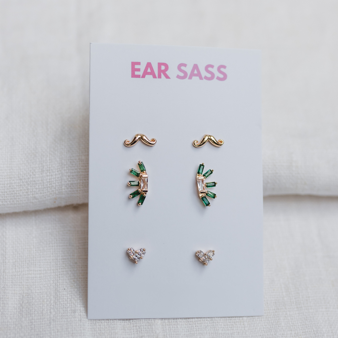 EAR STACKING SETS - Set of 3 stud earrings, 18K Gold Plated with Cubic Zirconia