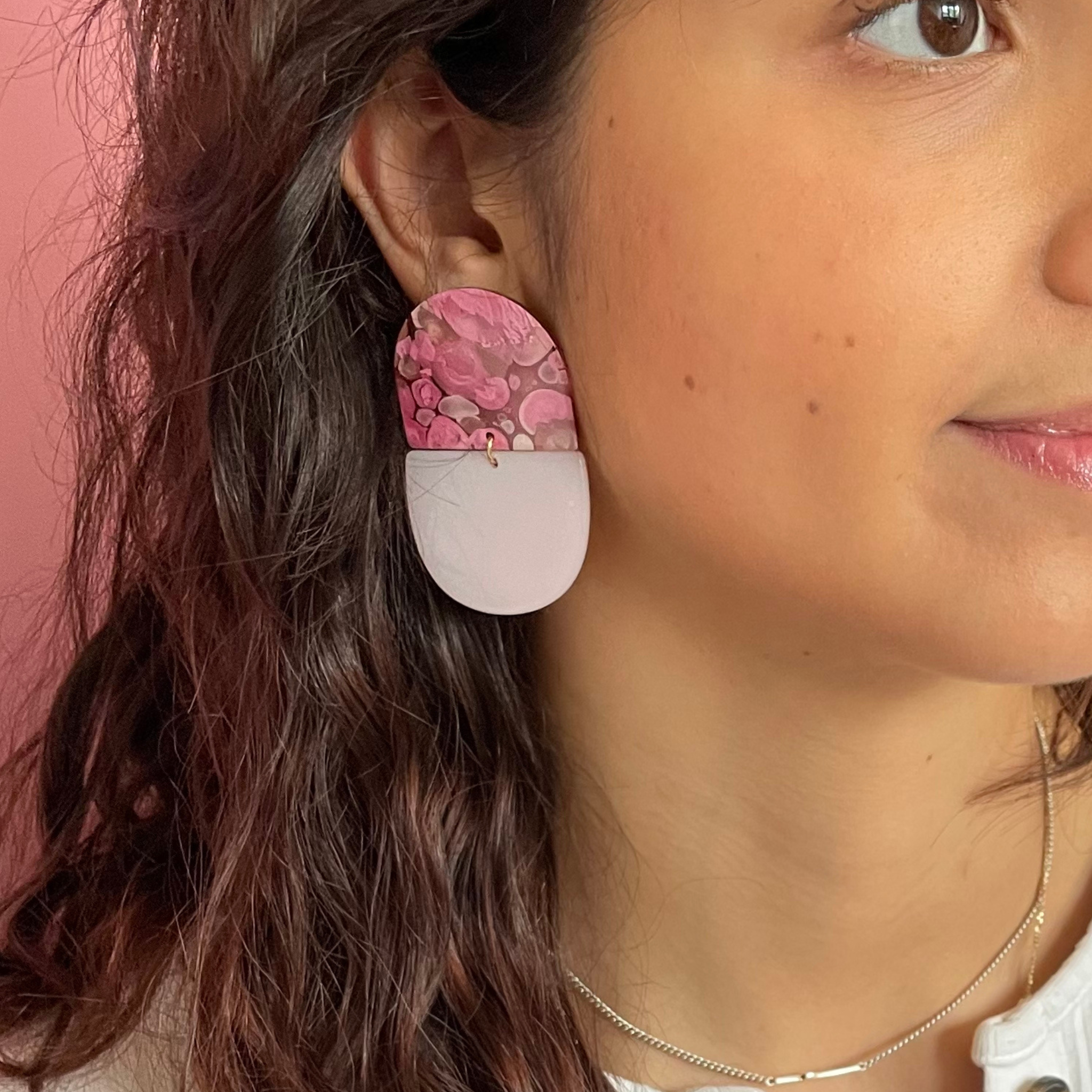 Light pink and marbled combination statement earrings