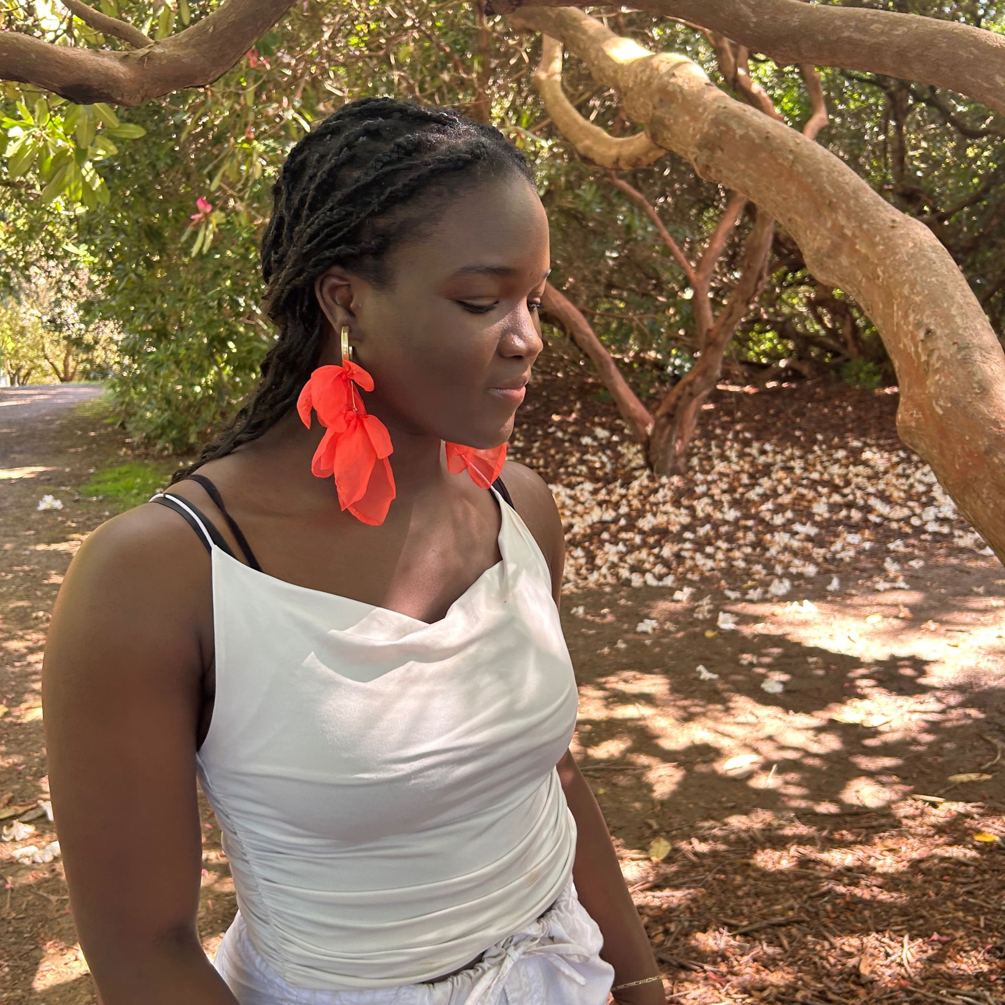 Medium gold hoop with orange petal fabric drop