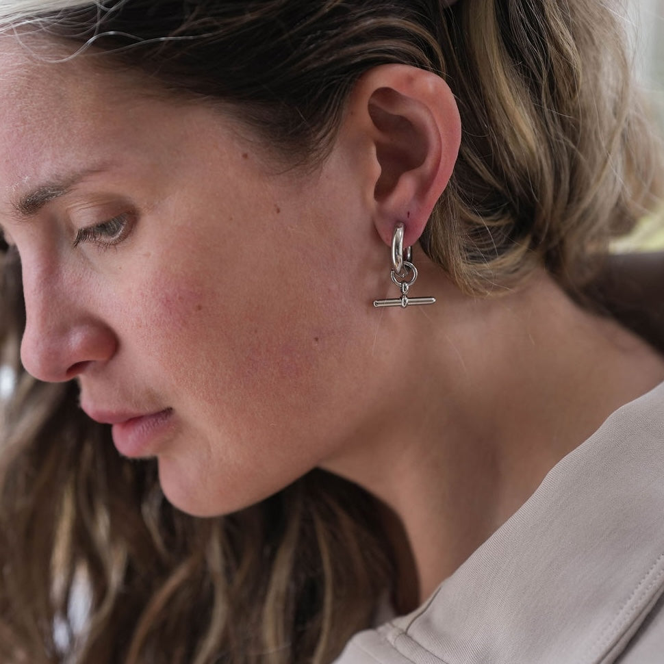 Silver t bar hoop earrings 