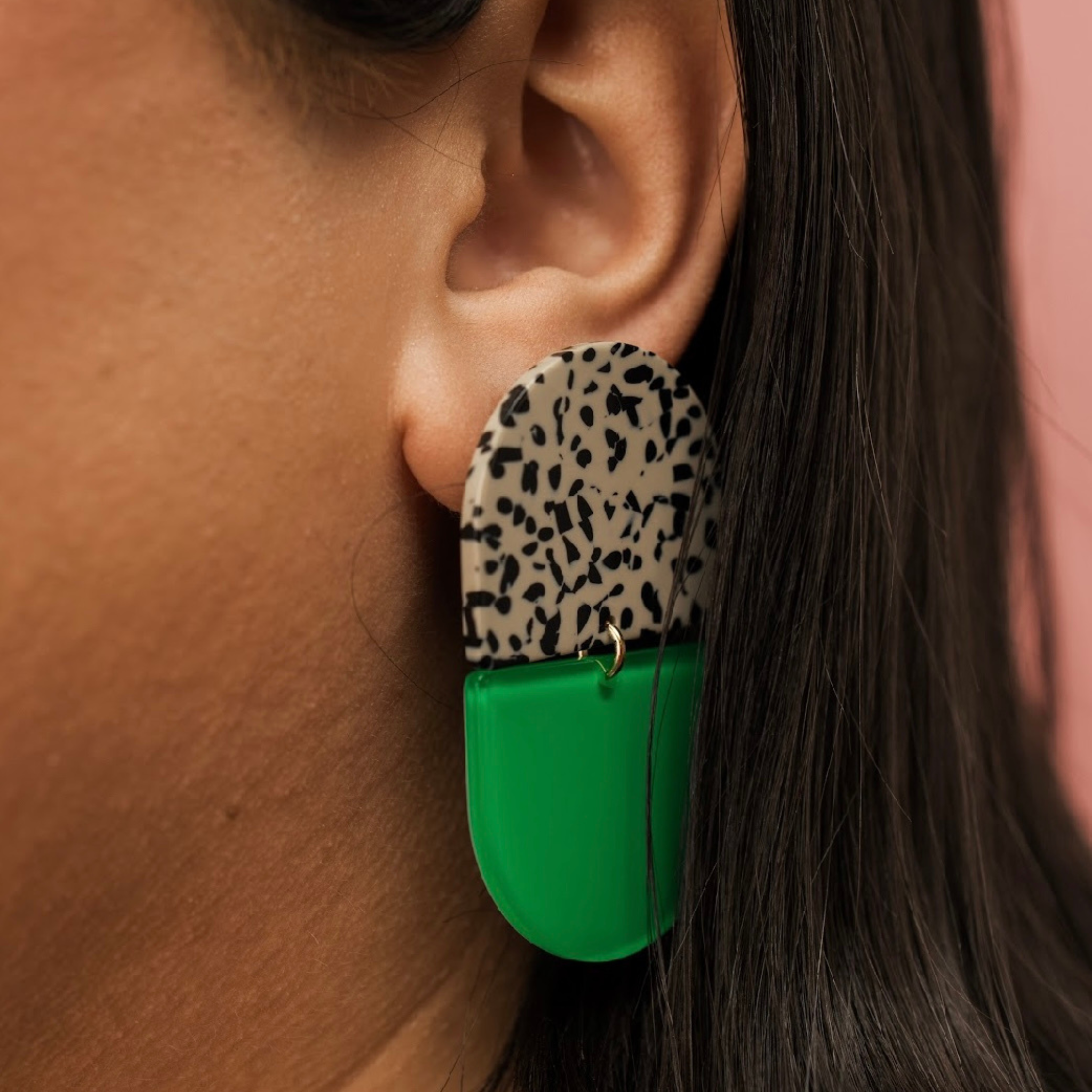 speckled black and white with green combination statement earring