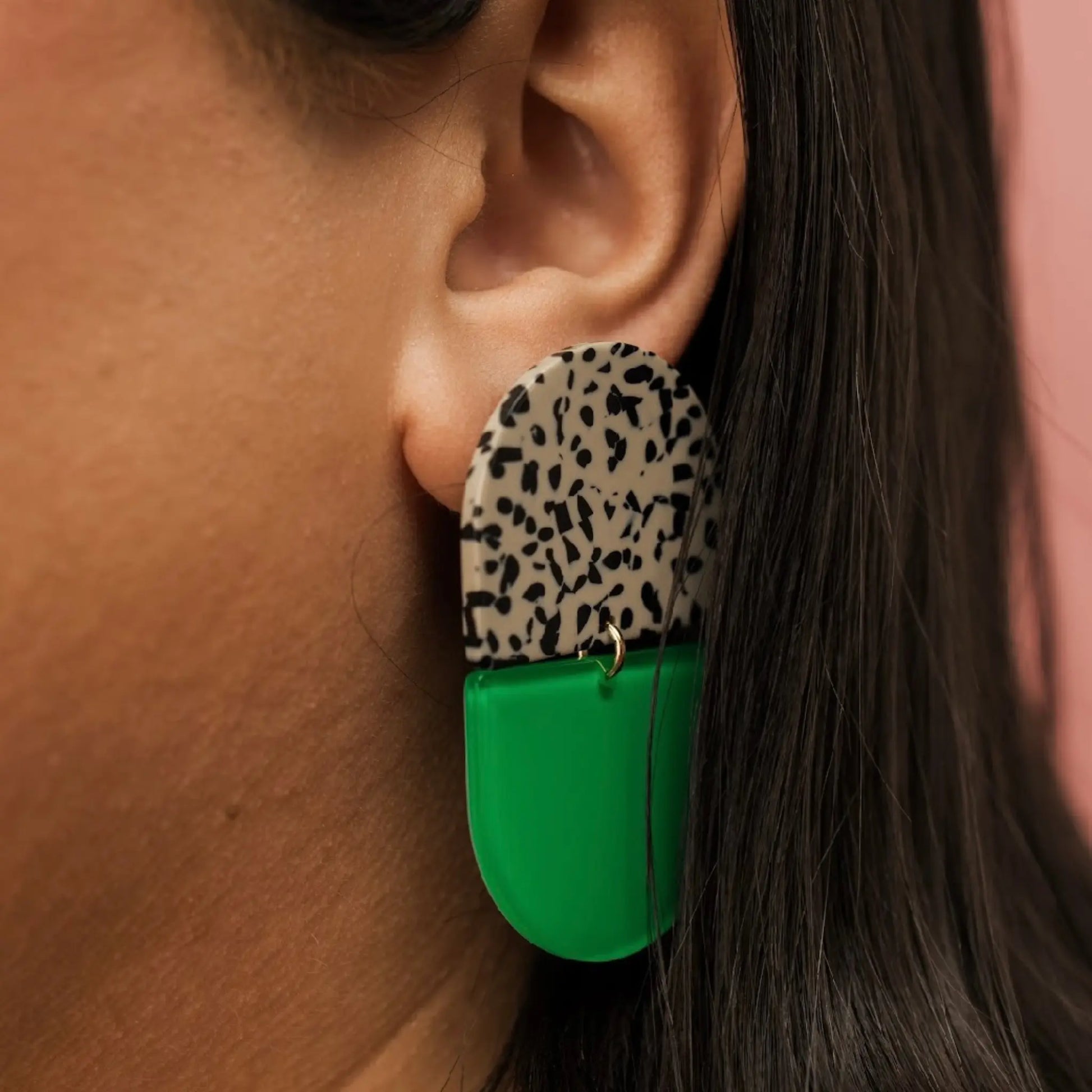green geometric statement earrings 