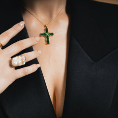 THE LEXI NECKLACE - Green CZ Paved and Cross Pendant Necklace with Gold Plated Detail