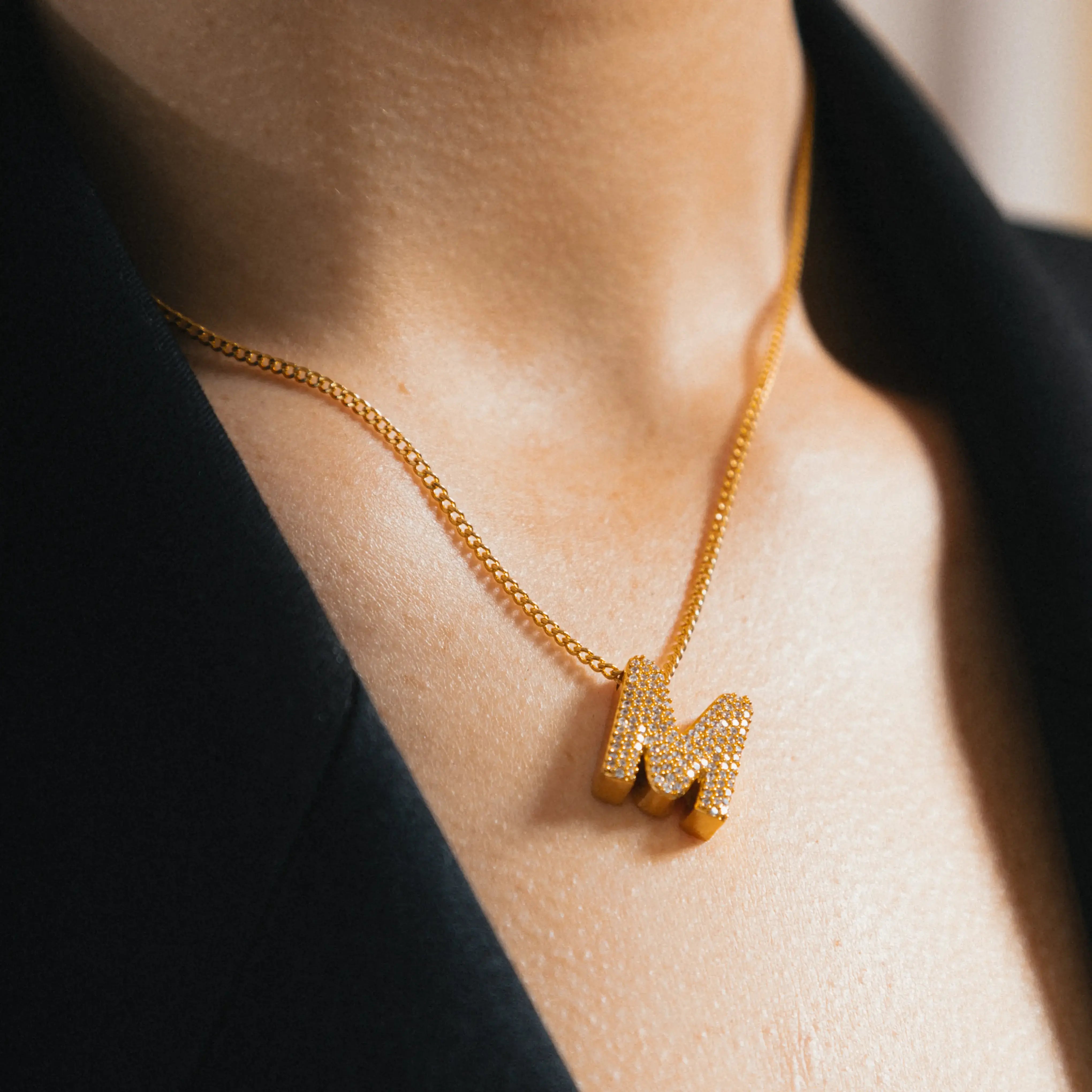 CHUNKY LETTER NECKLACE - Gold Initial Personalised Necklace with CZ Paved Detail