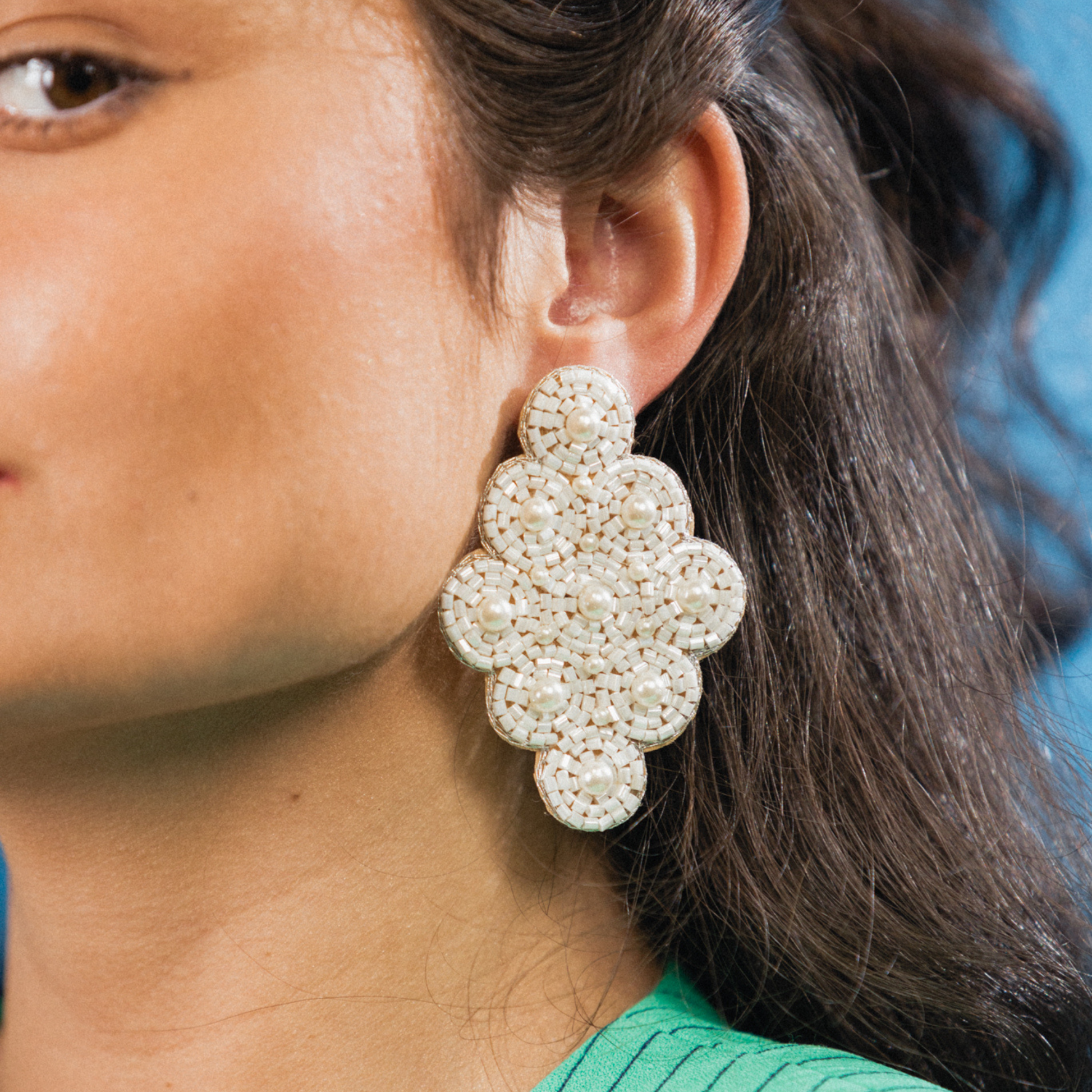 large white beaded statement earring