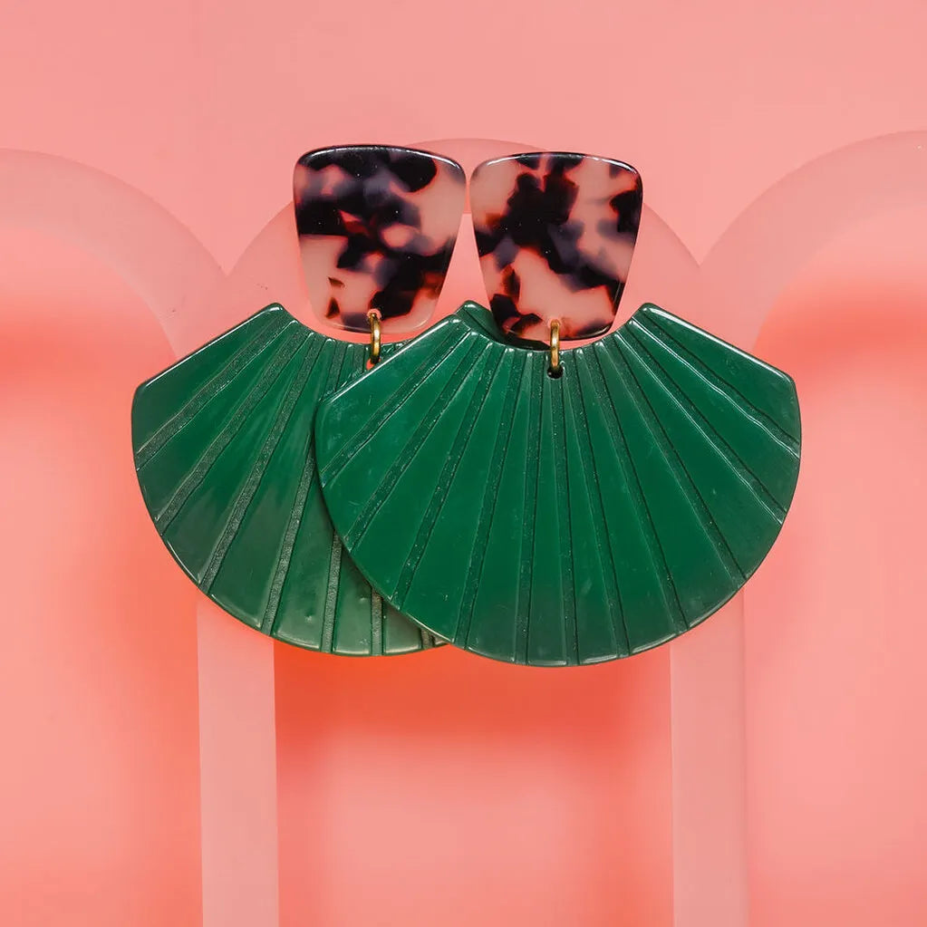 fan shaped statement earrings in tortoiseshell and green