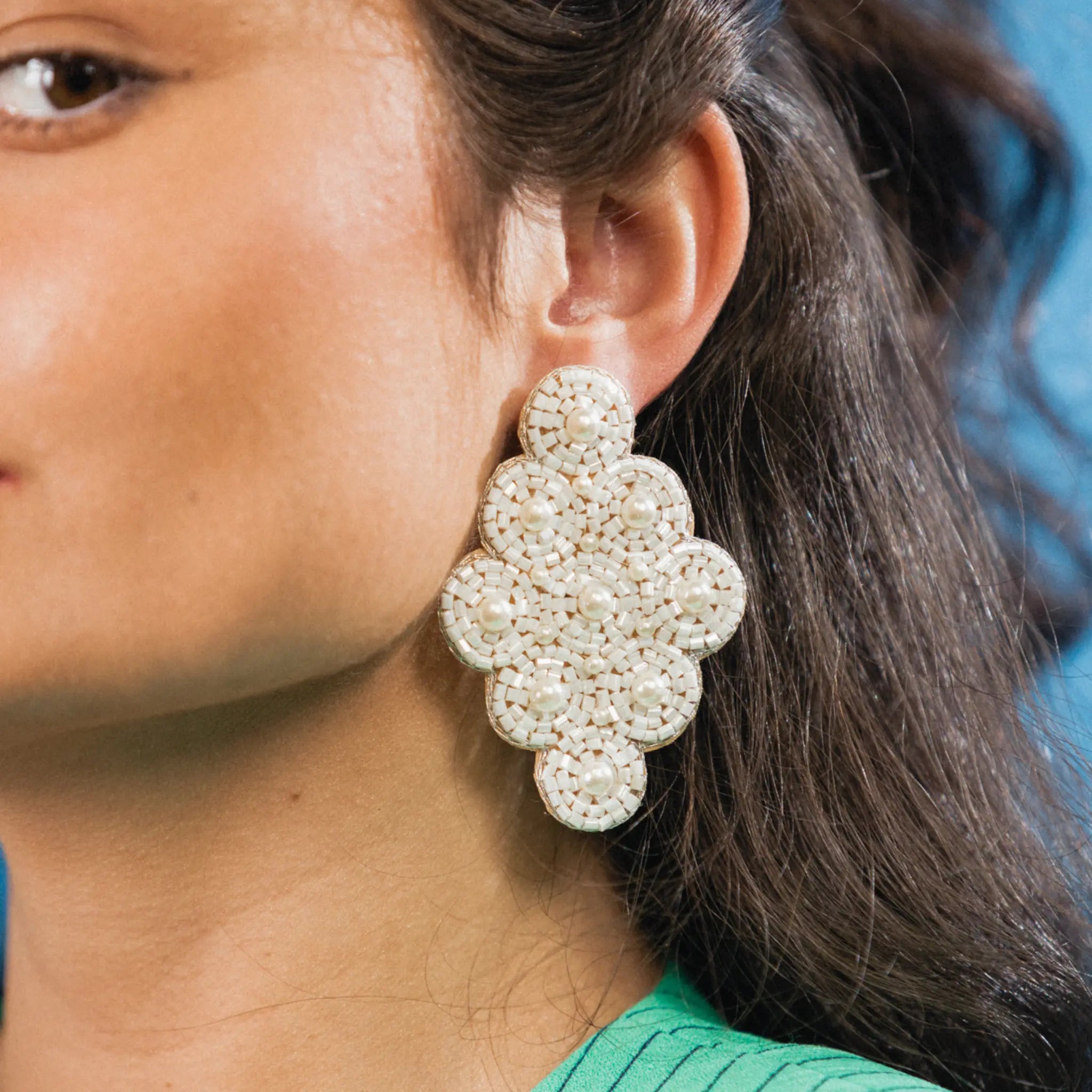 white beaded statement earrings