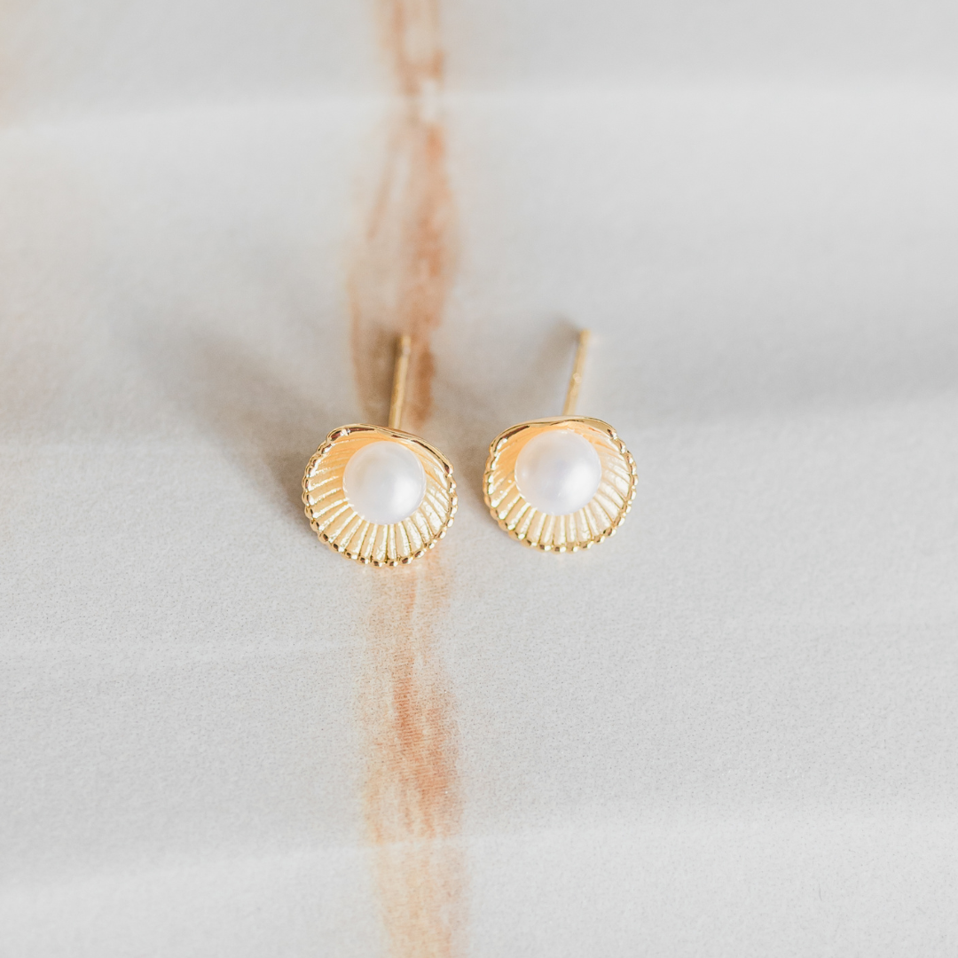 Gold shell earrings with mother of pearl centre