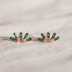 fan shaped gold and green stud earring