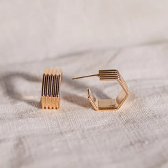 Hexagon shaped ribbed gold hoops