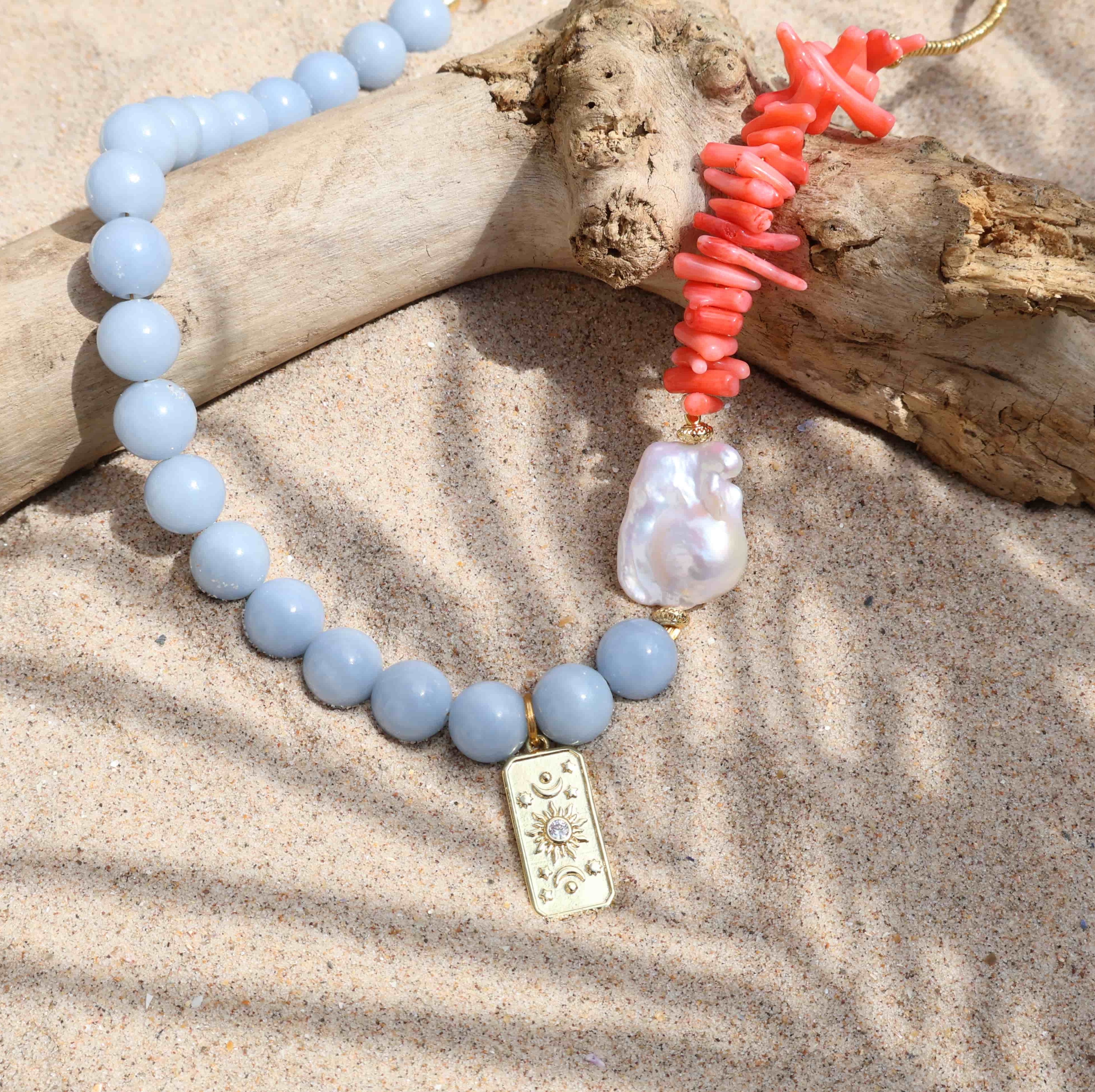 bamboo coral and angelite  gemstone necklace 