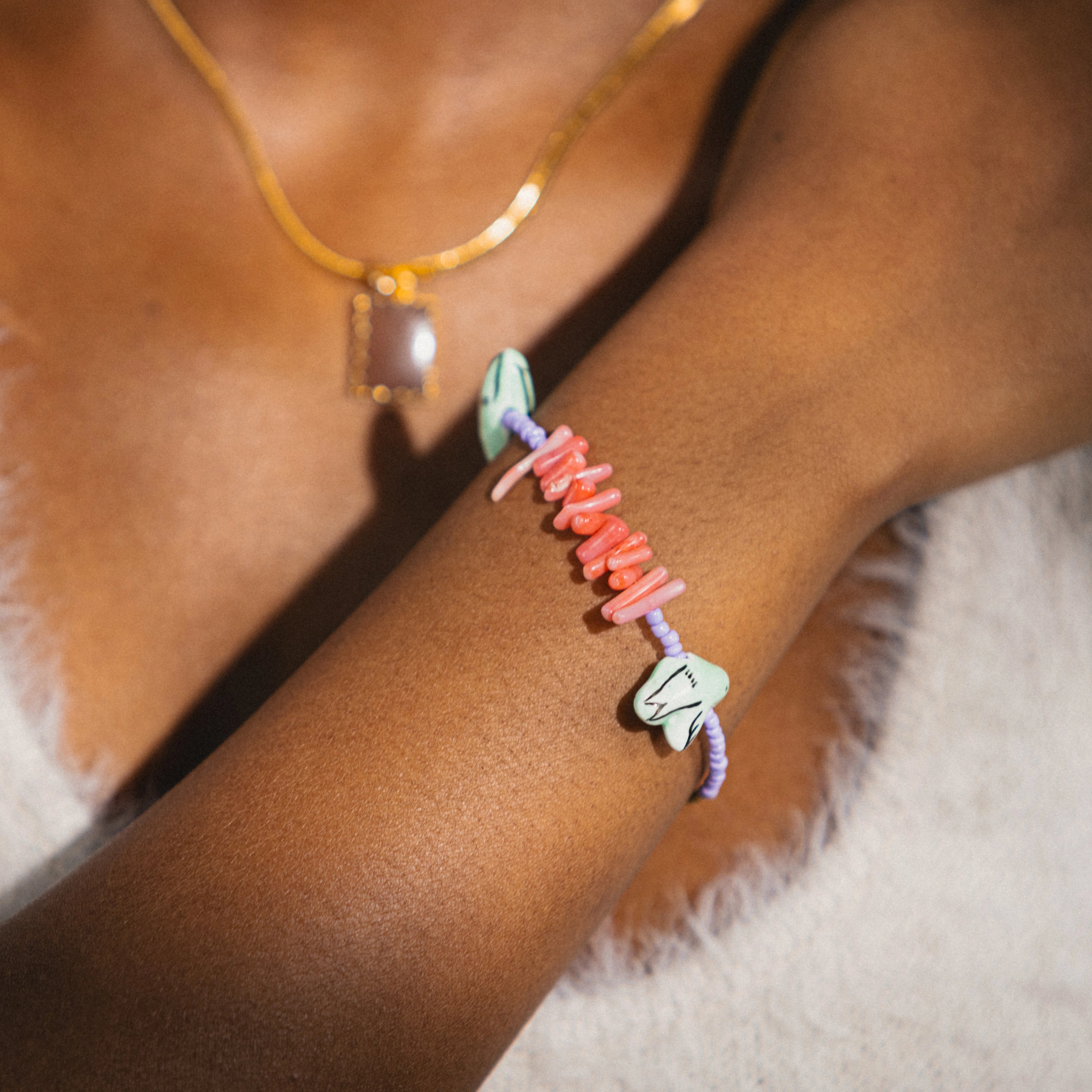 bamboo coral gemstone bracelet with fish ceramic beads 