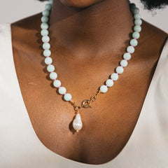 TRANQUIL TIDES - Blue Jade Gemstone Necklace with Pearl Pendant
