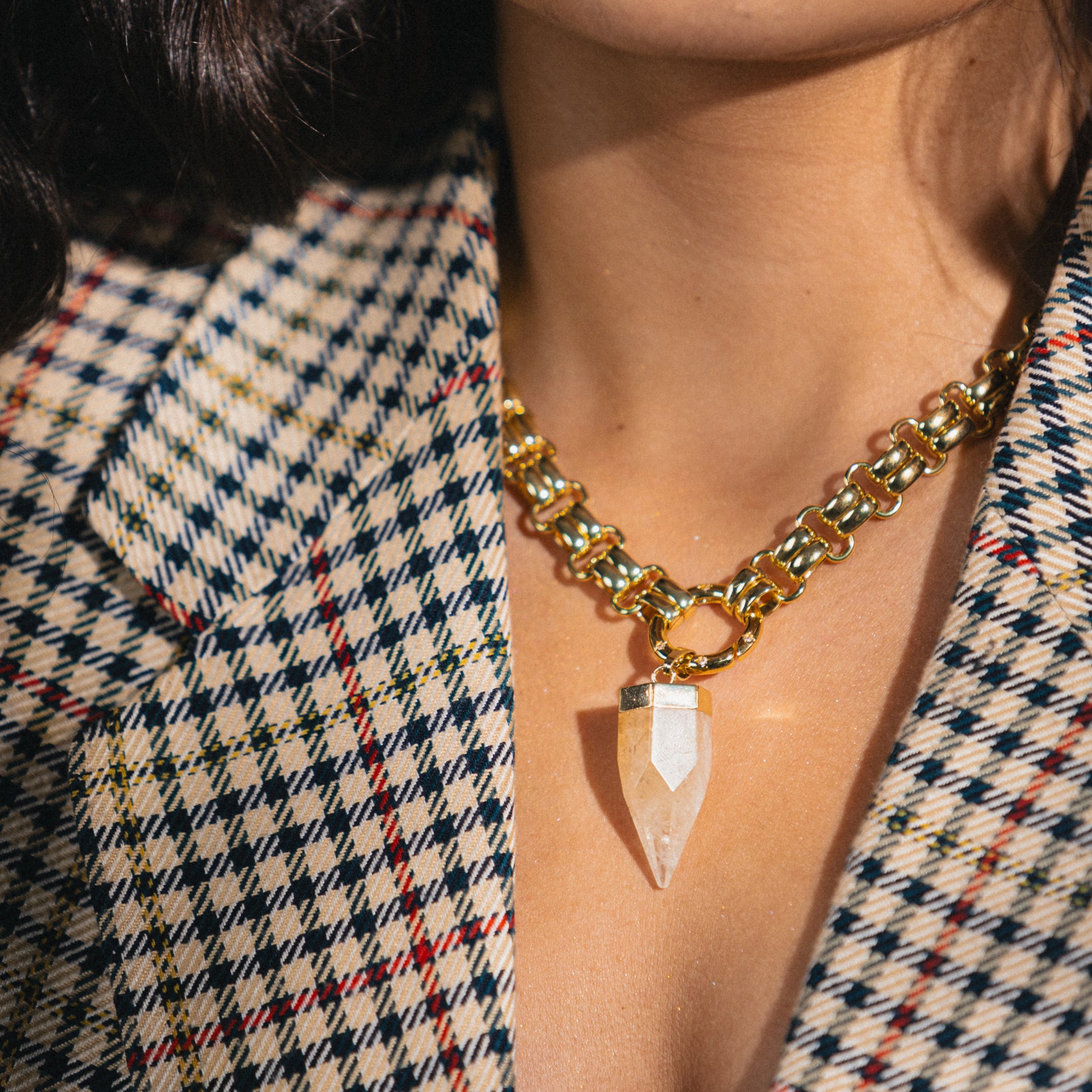 chunky gold necklace with citrine gemstone pendant 
