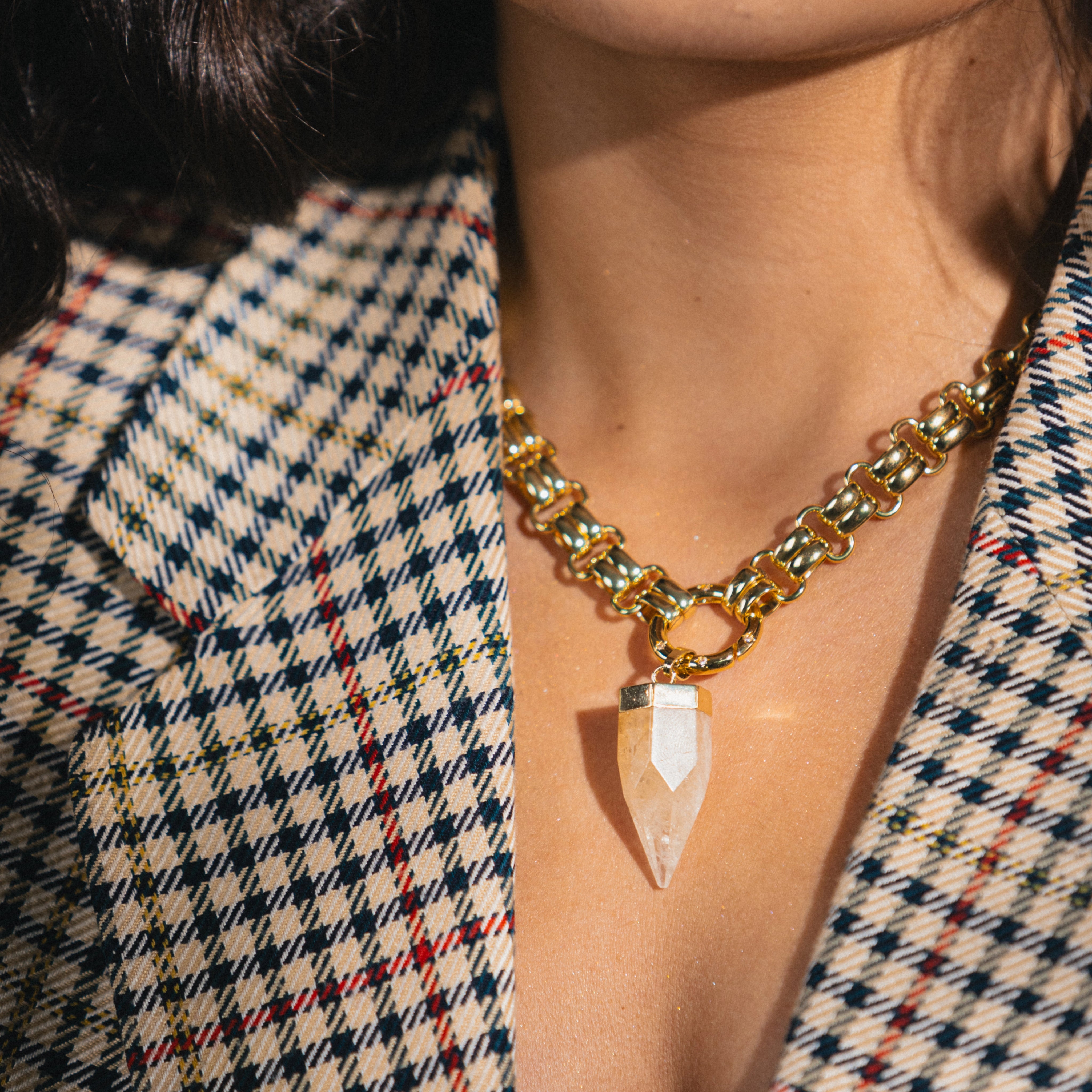 chunky gold necklace with citrine gemstone pendant 