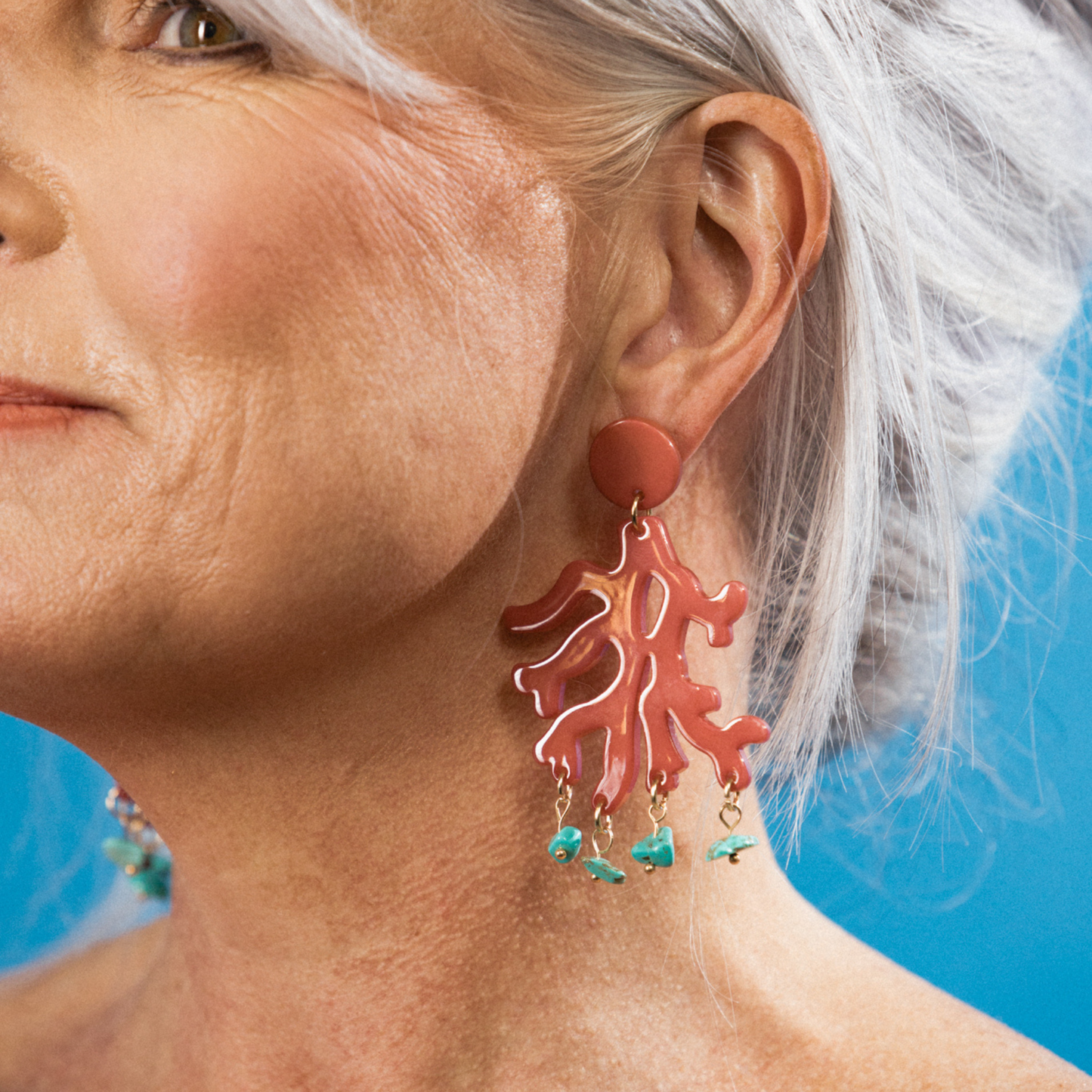 THE ABBY - Ocean Coral Design Statement Earrings with Blue Stone Drops
