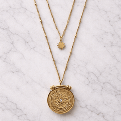 double layer gold necklace with star and compass