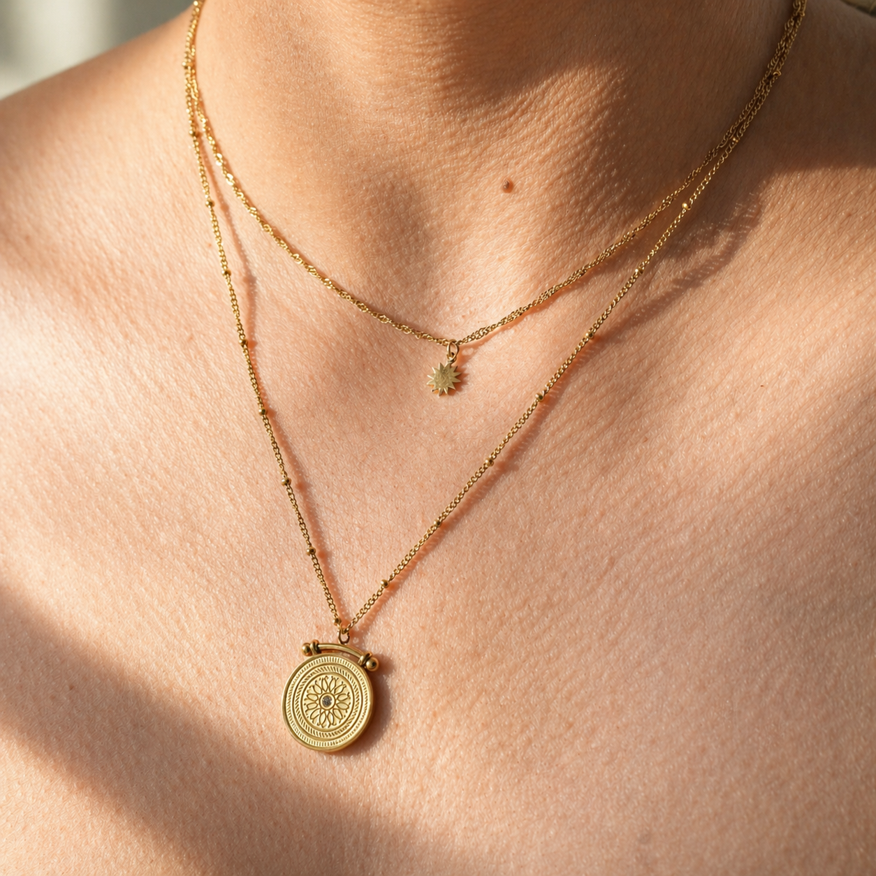 double layer gold necklace with star and compass 