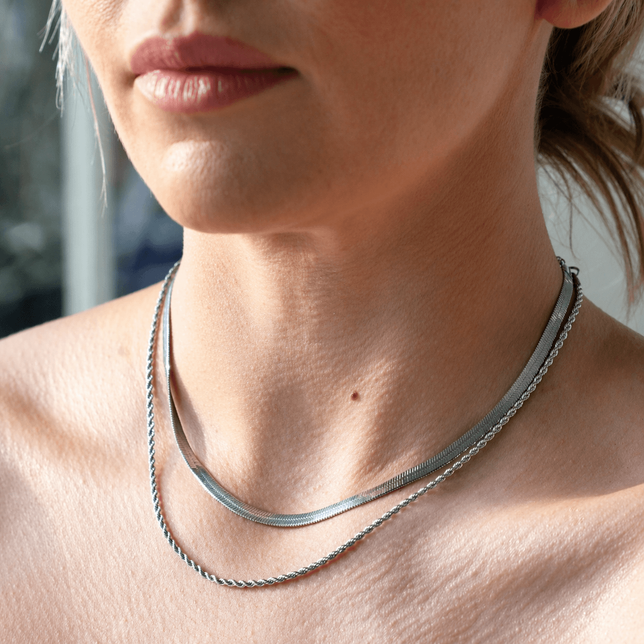 double layer silver necklace 