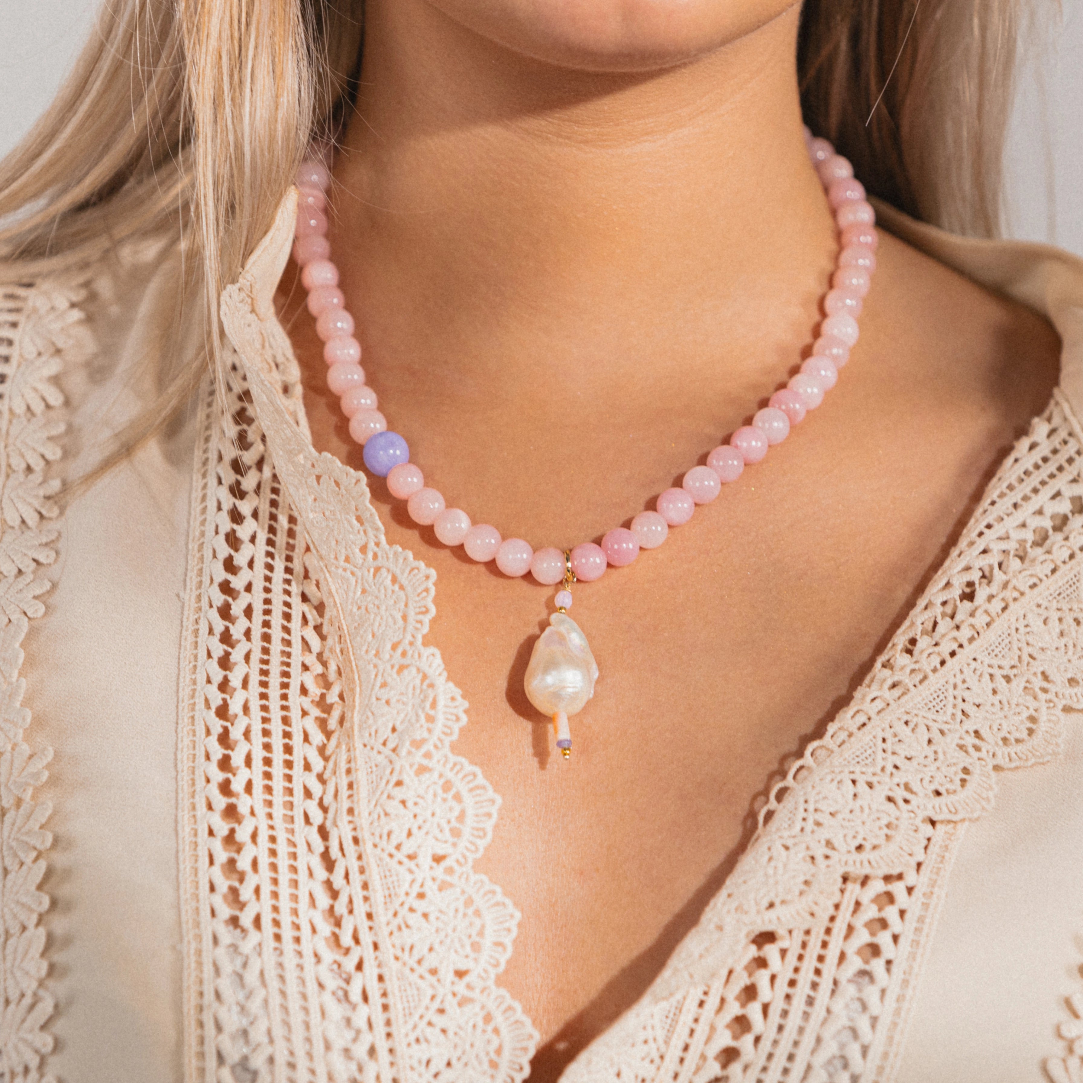 gemstone necklace with rose quartz and pearl pendant 