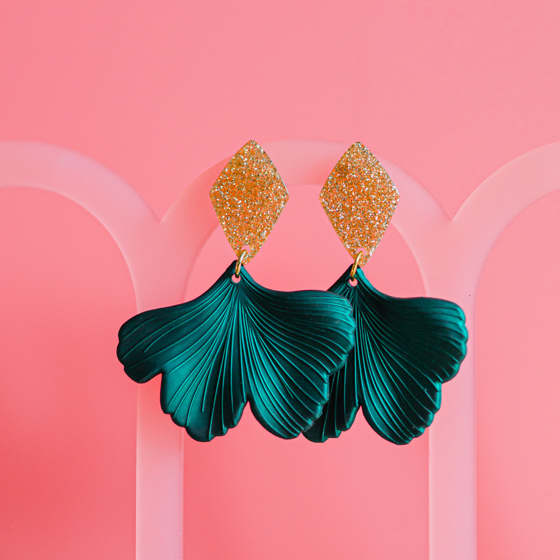 green and gold Ginkgo leaf drop earring