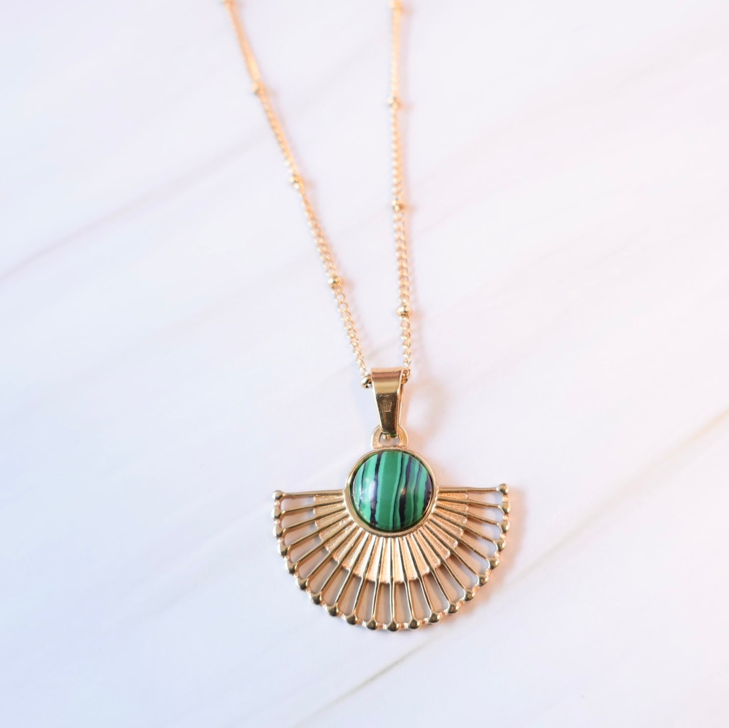 THE FERN - Gold Fan Necklace With Malachite