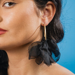 large gold hoops with fabric black petals 