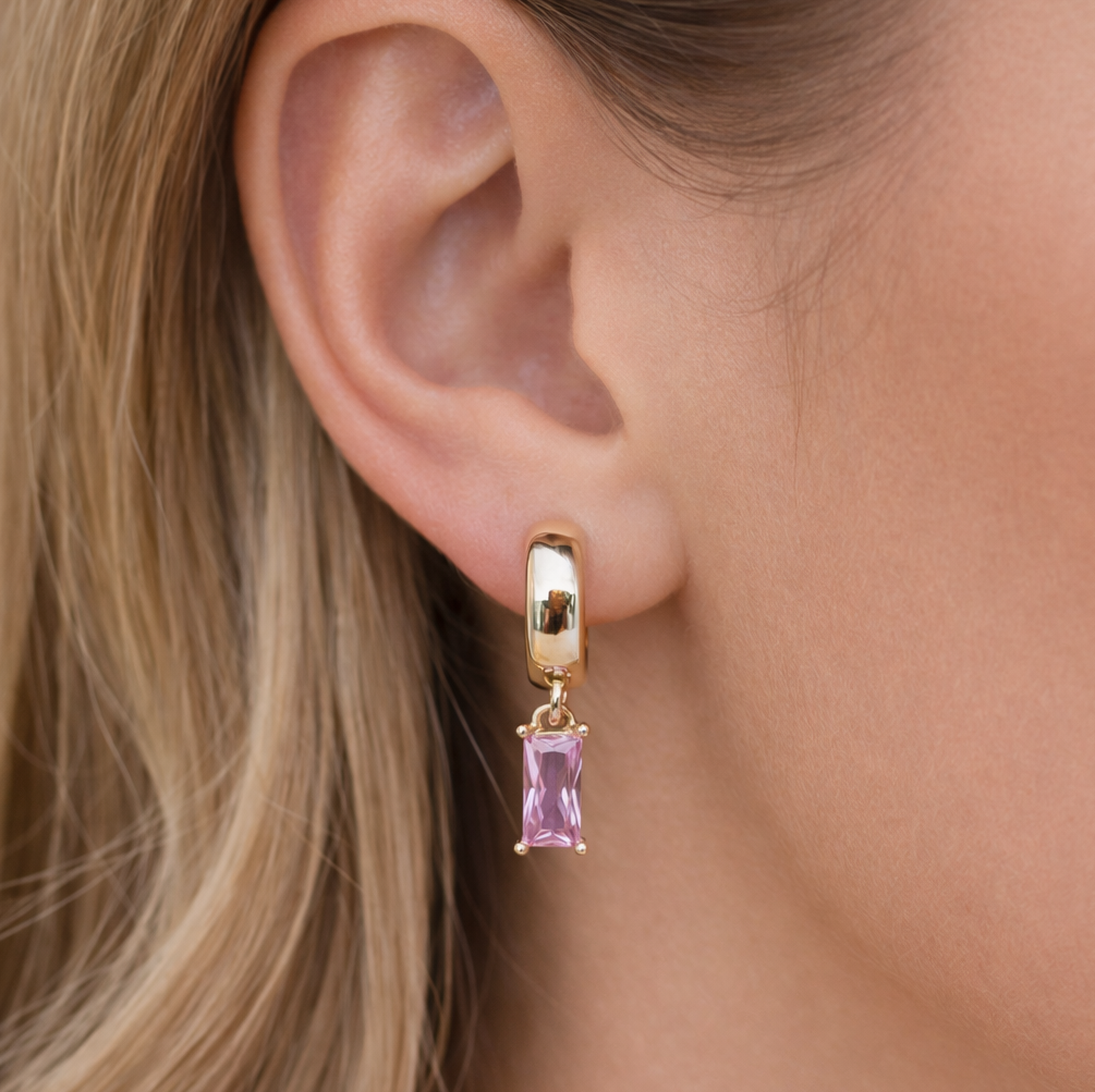 gold huggies with pink gemstone drop 