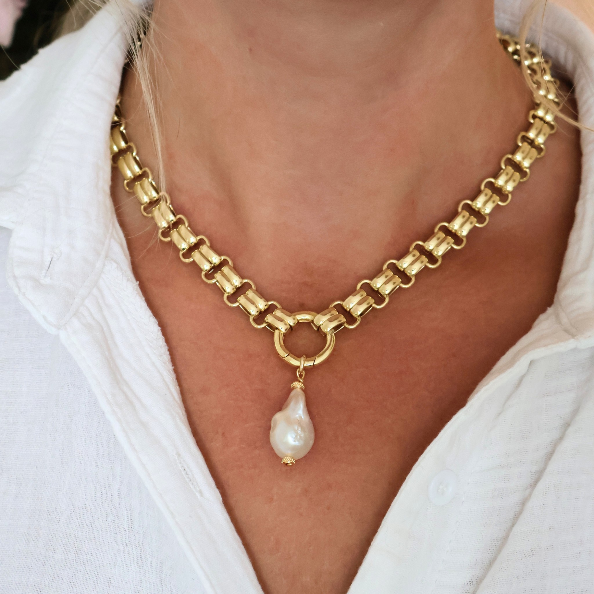 gold necklace chain with pearl pendant charm 