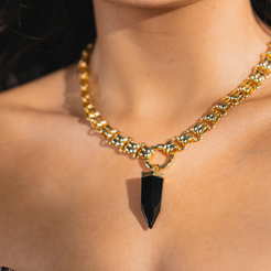 gold necklace with chunky obsidian charm 