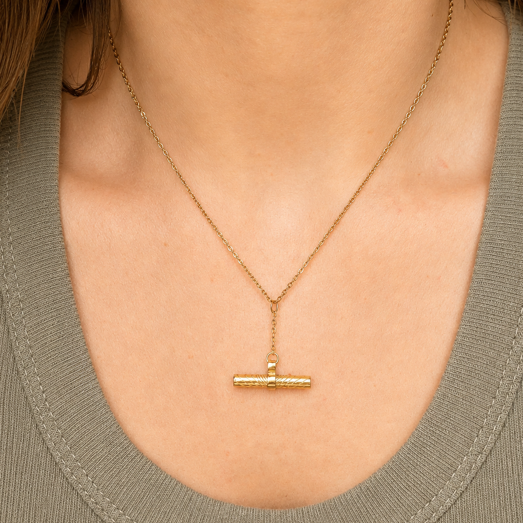 Gold Textured T-bar Necklace - The Veda