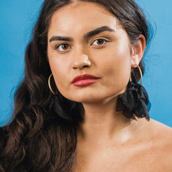 large gold hoops with black fabric petal earrings