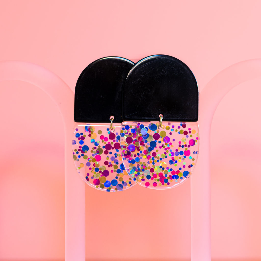 Black and multicolour confetti statement earrings