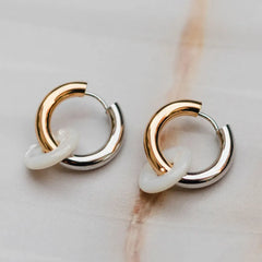 Harmony Mixed Metal Hoops- Chunky Gold and Silver Hoops With Mother of Pearl Charm