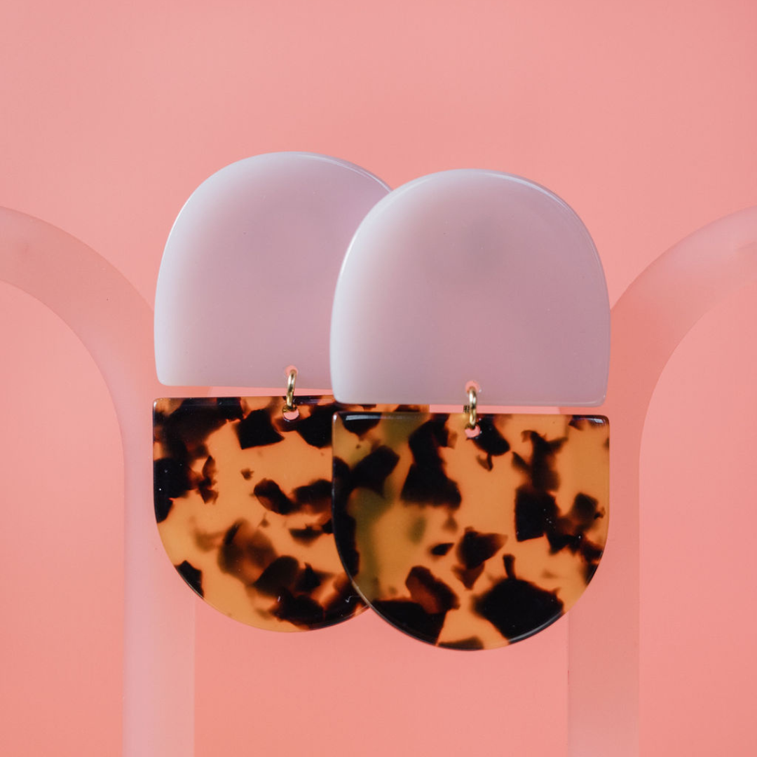 pink and tortoiseshell statement earrings 