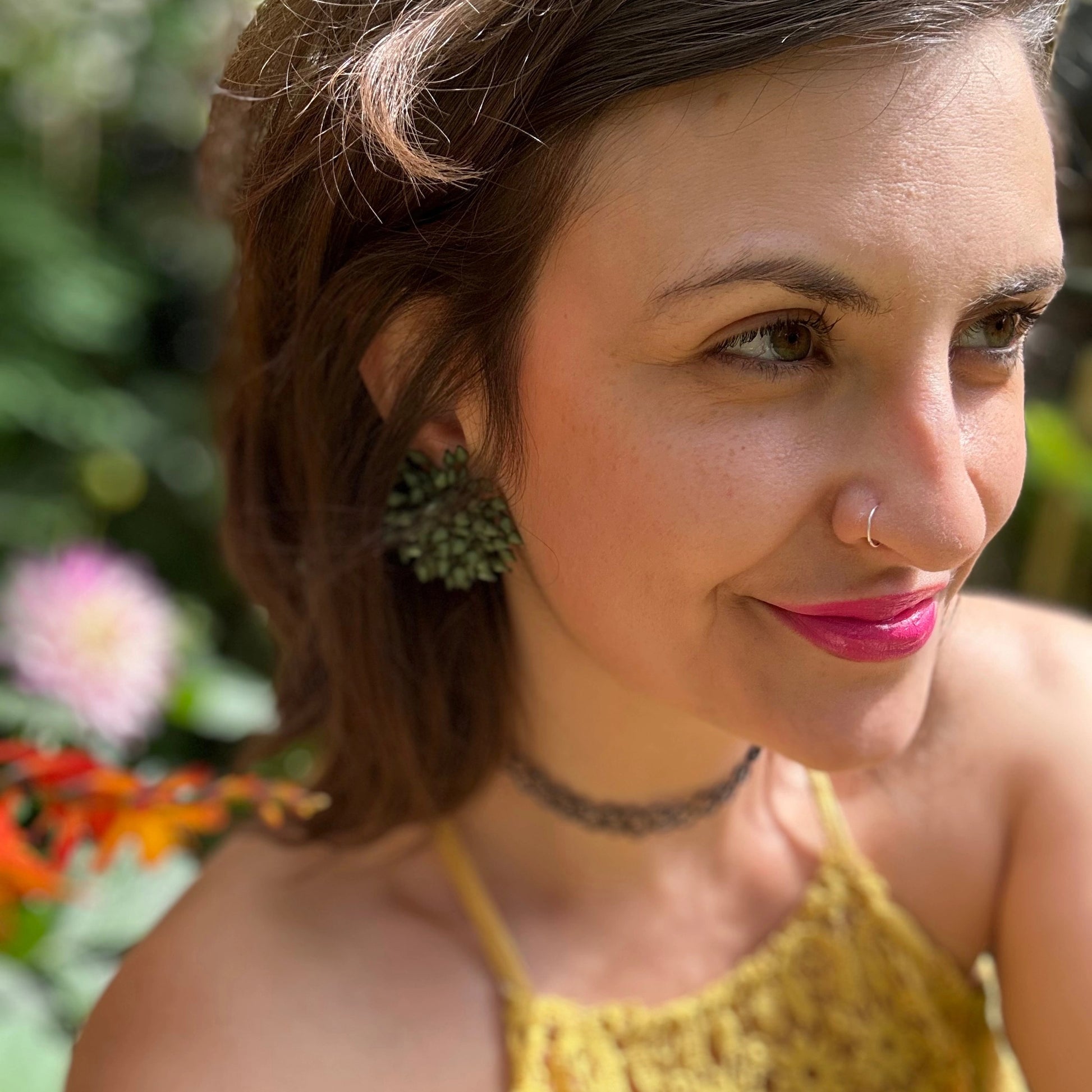 green seed bead cluster statement earrings 