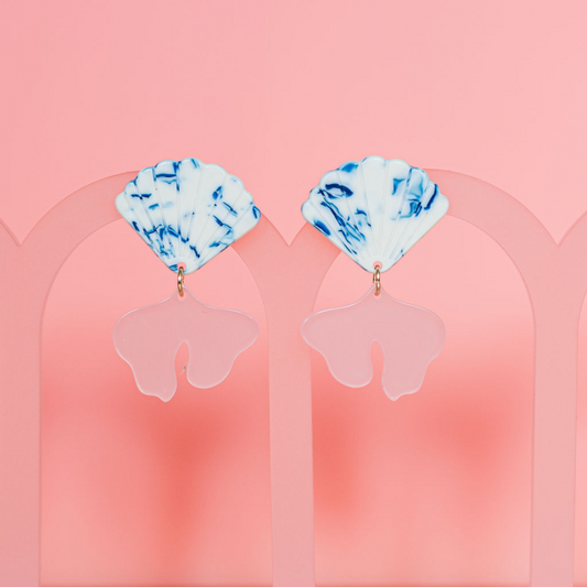 THE EMMA - Shell Earrings with Pink Ginkgo Leaf Drop