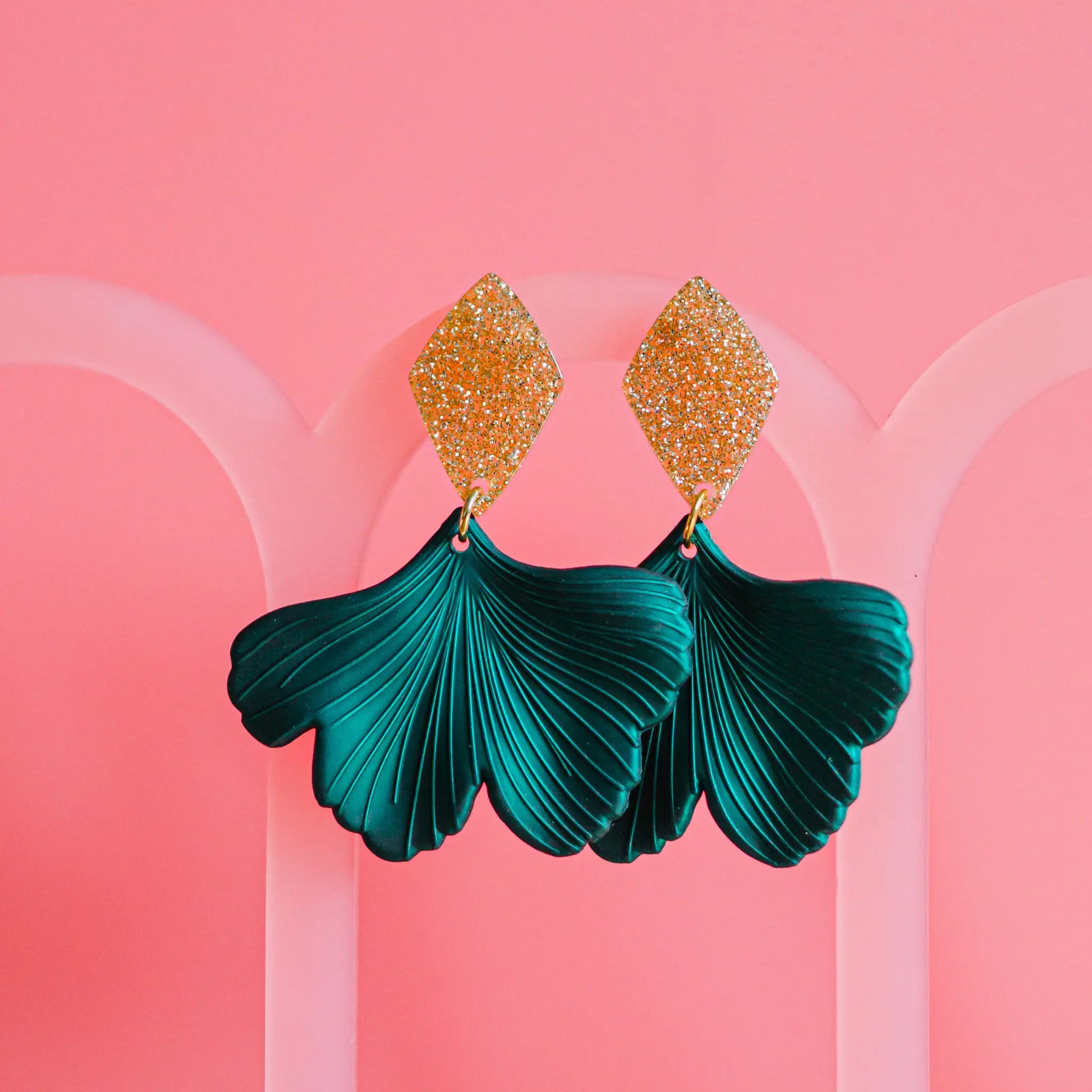 green gingko leaf statement earrings