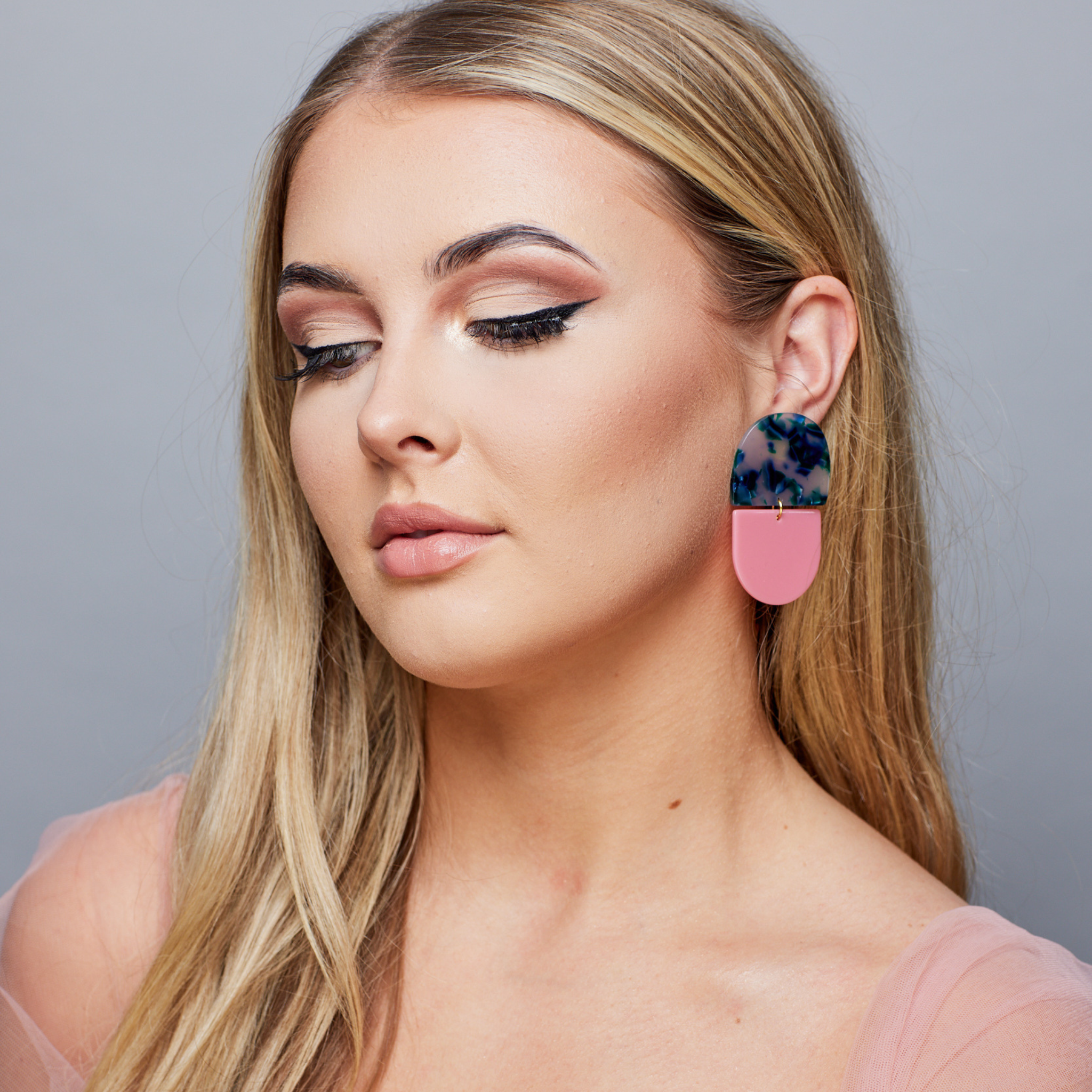 THE HOLLY - Blue/Green and Soft Pink Combo Statement Earrings