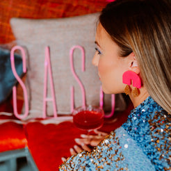 Large pink arch statement earrings with diamond gold drops 